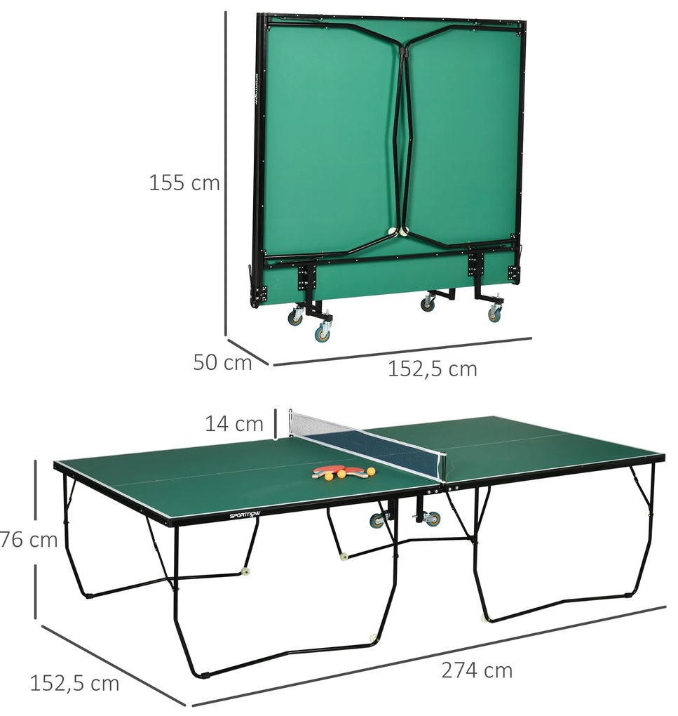 SPORTNOW Składany Stół do Ping Ponga z Kółkami Łatwy Transport i Przechowywanie Rozmiar Turniejowy 274x1525x76 cm Zielony | Aosom PL