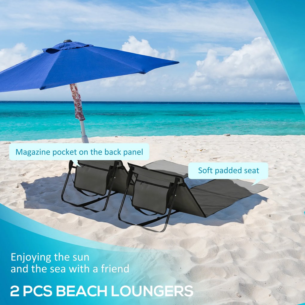 Outsunny Leżak plażowy, składany, regulowane oparcie, kieszeń boczna, miękkie wyściełanie, rama stalowa, Szary, 142x51x40cm