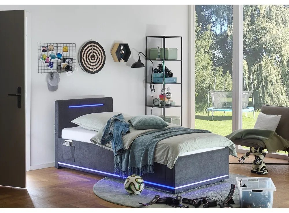 Ciemnoszare tapicerowane łóżko dziecięce ze schowkiem i stelażem 90x200 cm Circle – Meise Möbel