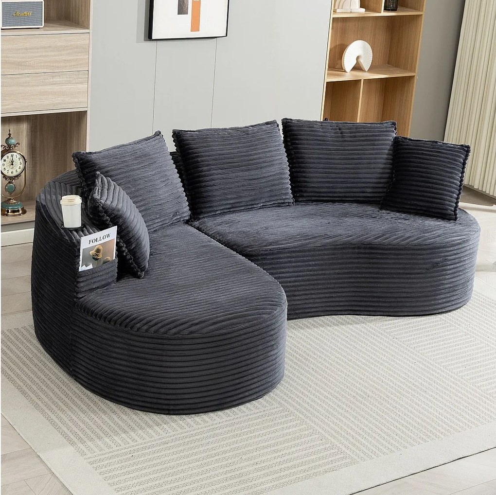 Sofa sztruksowa 3-osobowa - 250 x 152 x 82 cm - z uchwytem na kubek + kieszenią + poduszkami - ciemnoszara