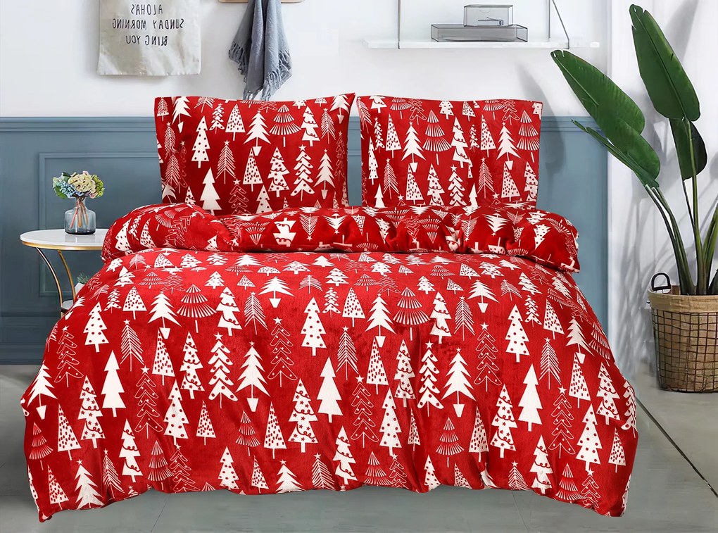 PrzytulneMieszkanie.pl PrzytulneMieszkanie.pl PrzytulneMieszkanie.pl Zestaw pościeli z mikropluszu CHRISTMAS TREES czerwony + prześcieradło z mikropluszu SOFT 180x200 cm biały, łóżko podwójne