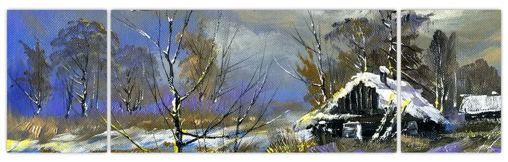 Obraz chaty w zimowym krajobrazie, obraz olejny (170x50 cm)