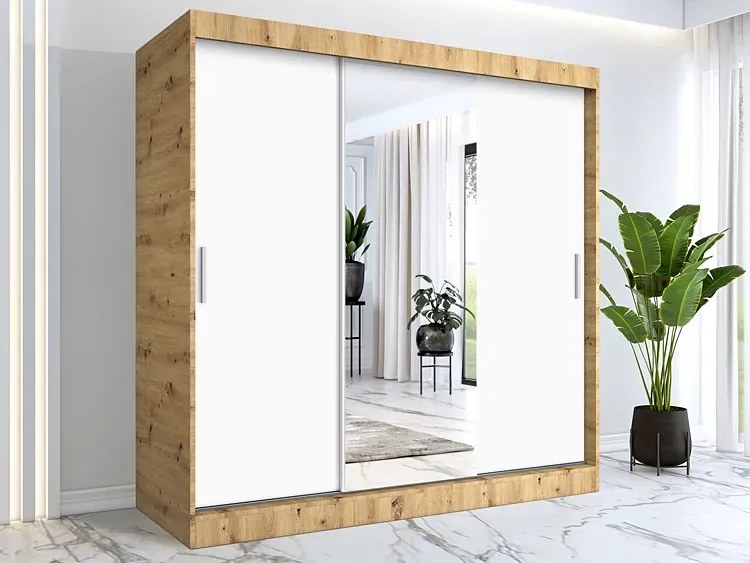 Szafa przesuwna dąb artisan + biały 200 cm - Massi 6X