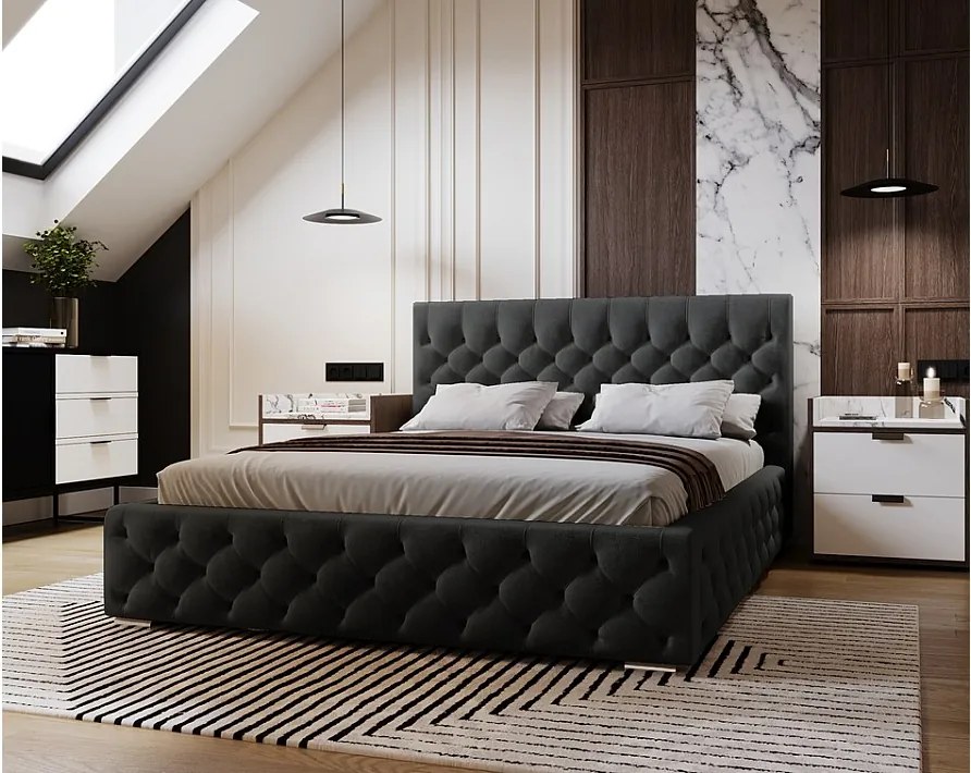 Emporius Elira łóżko tapicerowane 200x200 z pojemnikiem - tkanina velvet, glamour, pikowanie chesterfield - łóżko 200x200 czarny (Magic Velvet 2219)