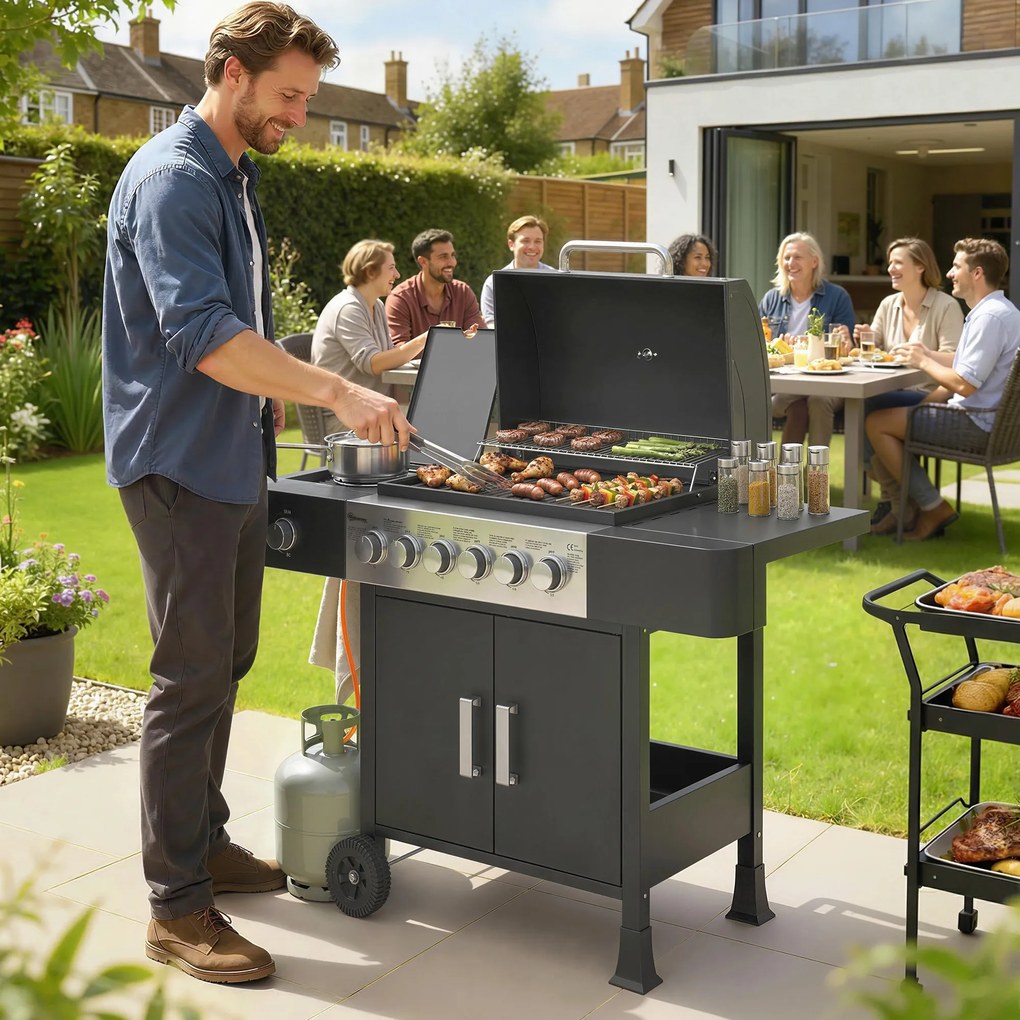 Outsunny Grill gazowy 17,8 kW 6+1 palników Wózek BBQ ze stali nierdzewnej z kółkami Palnik boczny Termometr Emaliowany ruszt | Aosom PL