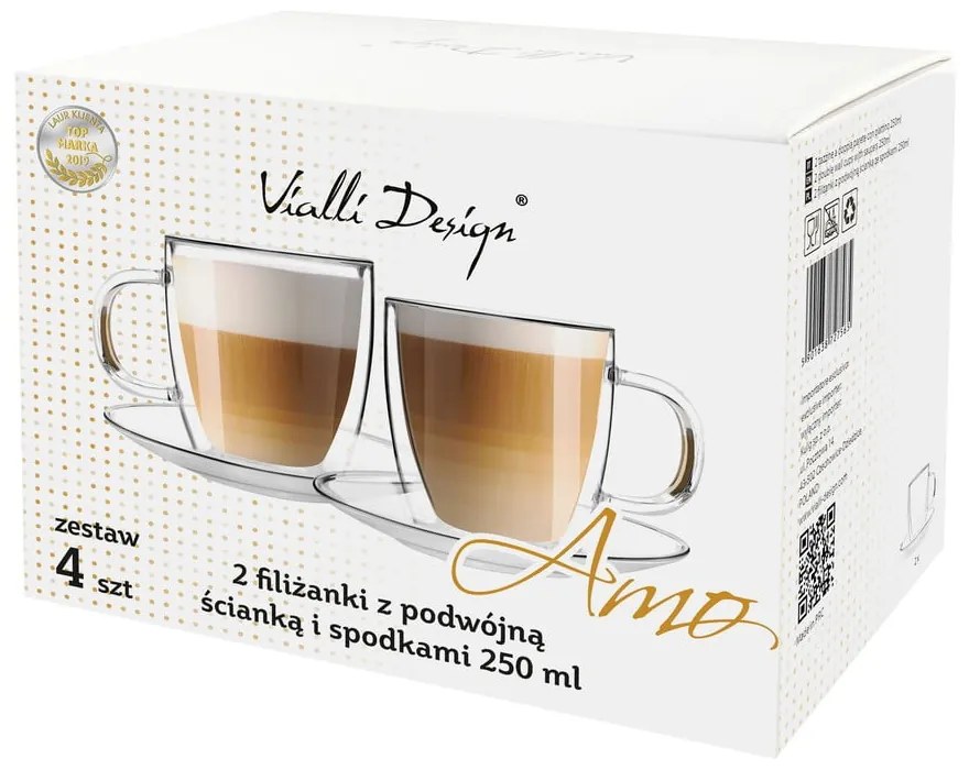 Zestaw 2 szklanych filiżanek z podwójną ścianką i spodkami Vialli Design, 250 ml