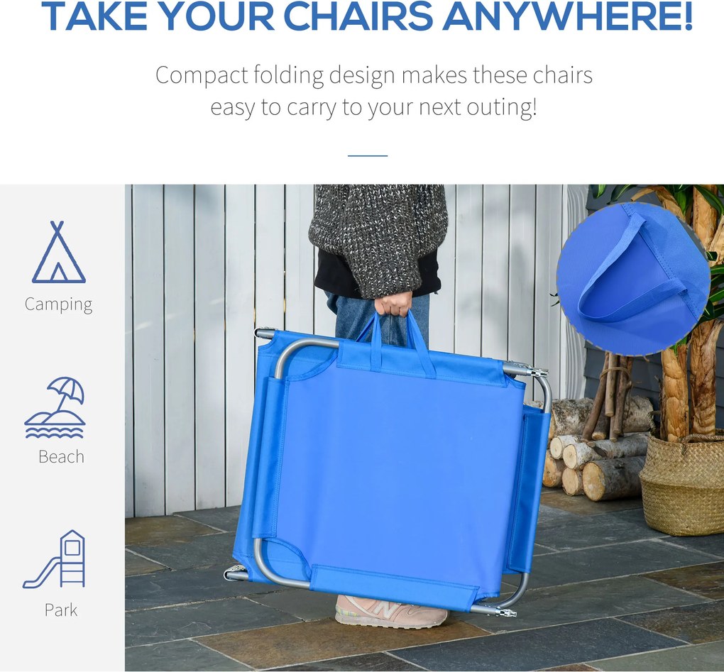 Outsunny Leżak Plażowy Niebieski z Regulowanym Oparciem Składany Idealny na Balkon i Taras do 120 kg | Aosom PL