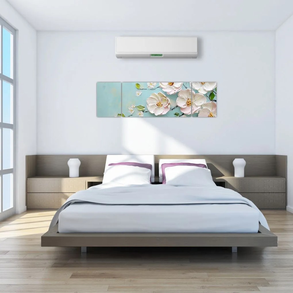 Obraz - Kwiatki na niebieskim tle (170x50 cm)