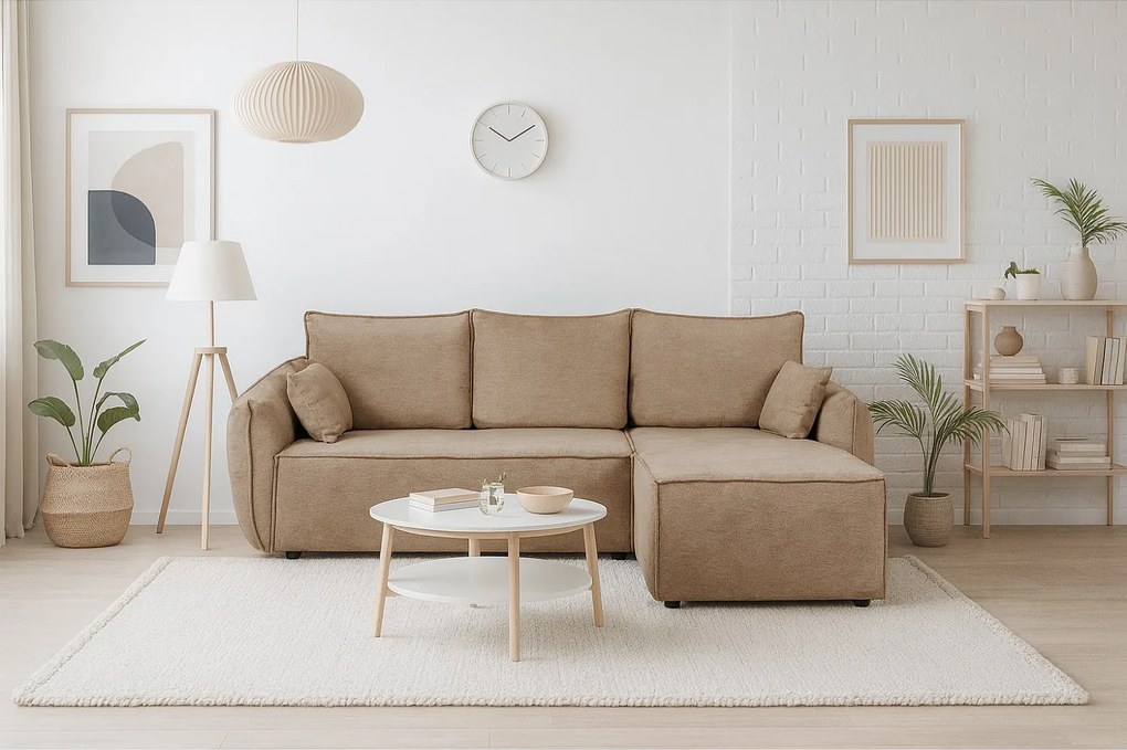 Nowoczesny narożnik prawostronny SELLMA w tkaninie RAVEN 30 beżowej