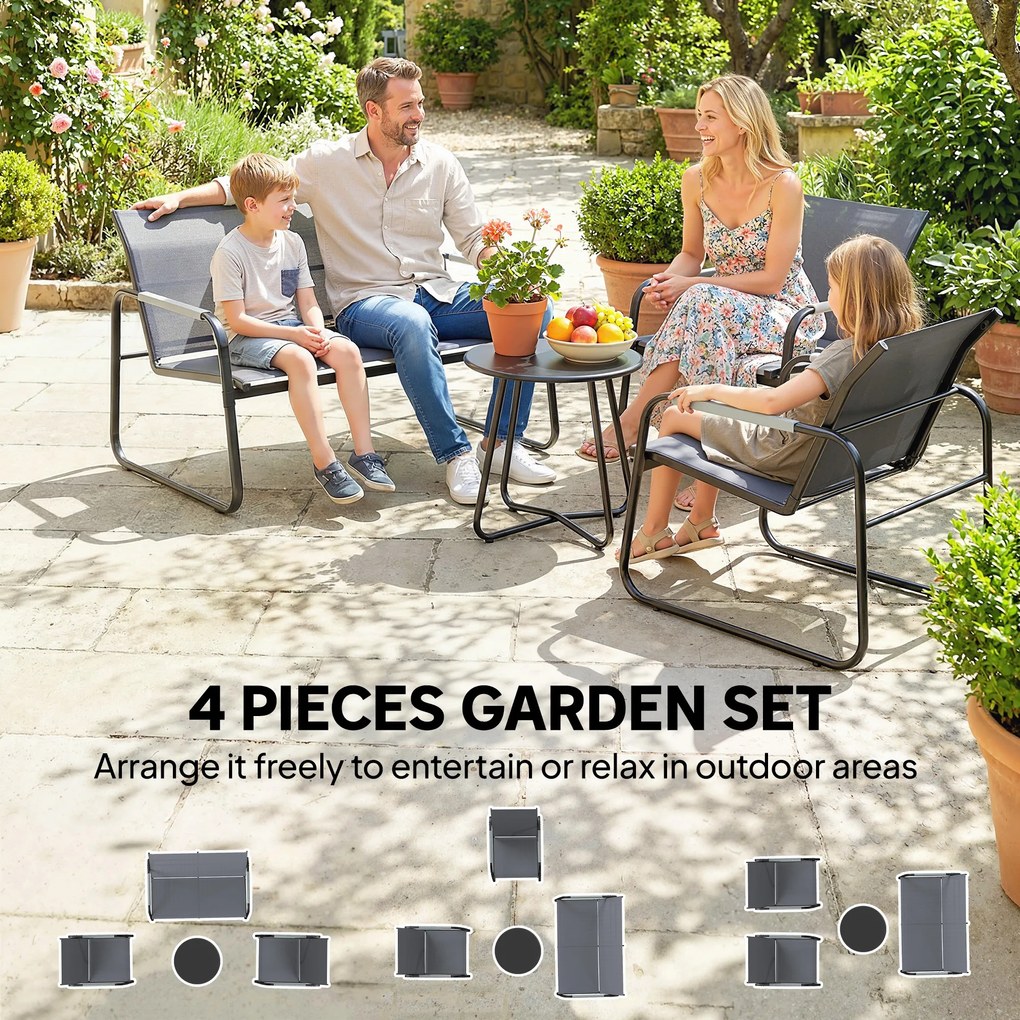 Outsunny Zestaw Mebli Ogrodowych dla 4 Osób Oddychająca Sofa Ogrodowa z 2-osobową Ławką, 2 Krzesłami, Okrągłym Stołem i Regulowanymi Nóżkami | Aosom PL