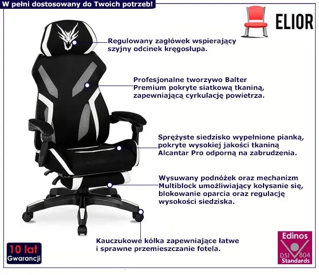Czarno-biały fotel z podnóżkiem dla gracza - Talbin