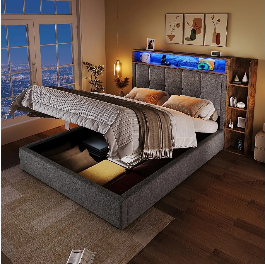 Łóżko tapicerowane z pojemnikiem - 90 x 200 cm - z portem USB, oświetleniem LED, zagłówkiem i półką - len - szary