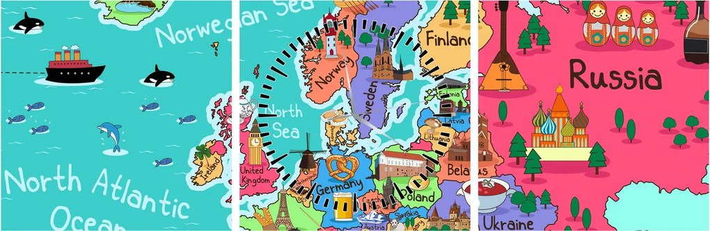 Obraz - Dziecięca mapa Europy (z zegarem) (90x30 cm)