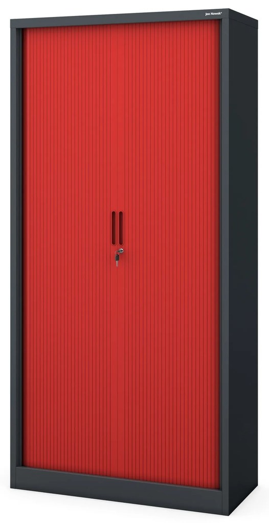 Metalowa szafa biurowa na akta z roletą DAMIAN, 900 x 1850 x 450 mm, antracytowo-czerwona