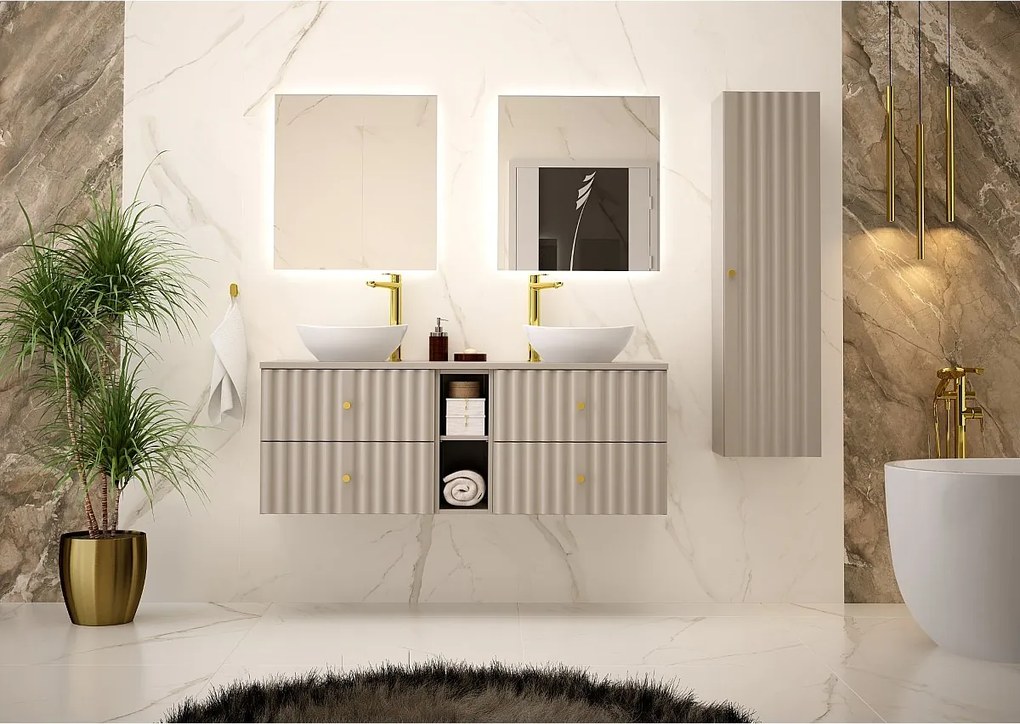 Kaszmirowy Zestaw Łazienkowy 140cm Szafka z Blatem Umywalka Regał Słupek Ryflowane Fronty Aqua