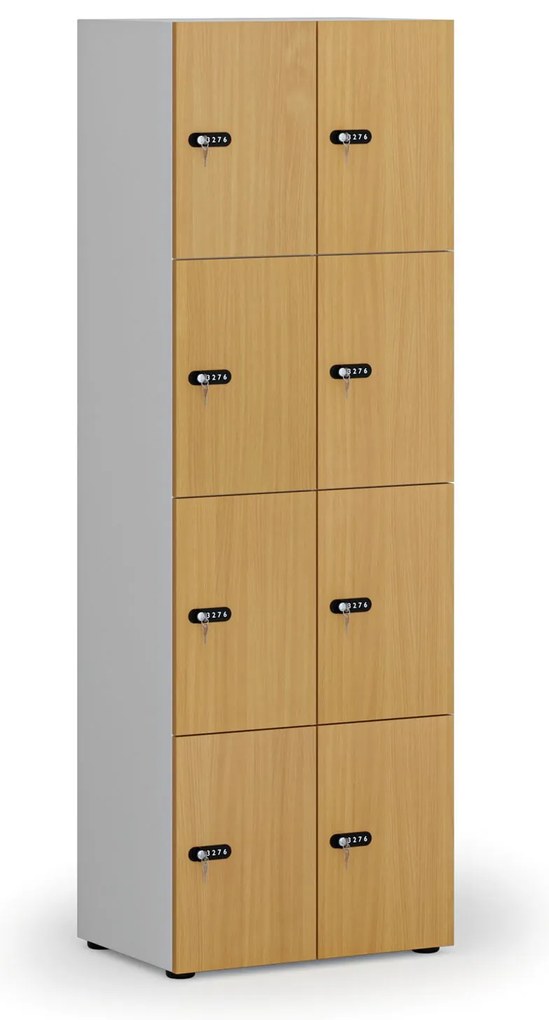 Drewniana szafka skrytkowa S4, 8 schowków, demontaż, zamek mechaniczny z kodem, szary/buk