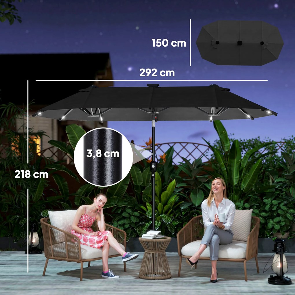 Outsunny Podwójny Parasol Tarasowy, Regulowany, z Panelem Słonecznym, 35 LED, Stalowa Rama, Szary, 2,95 x 1,50 x 2,19 m