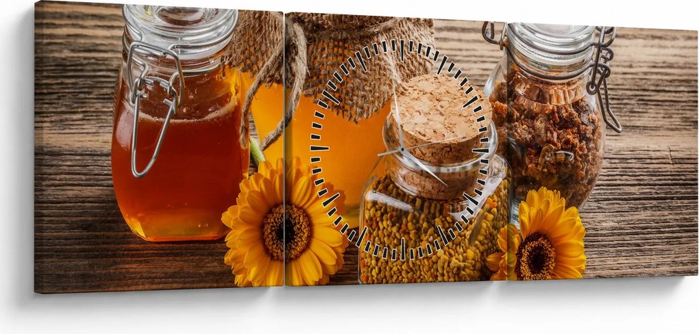 Obraz - Martwa natura z słoikami miodu (z zegarem) (90x30 cm)