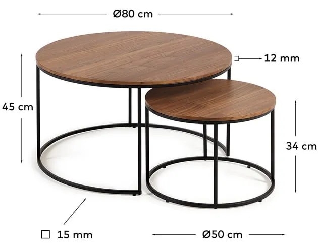 Brązowe okrągłe stoliki z blatem w dekorze orzecha zestaw 2 szt. ø 80 cm Yona − Kave Home