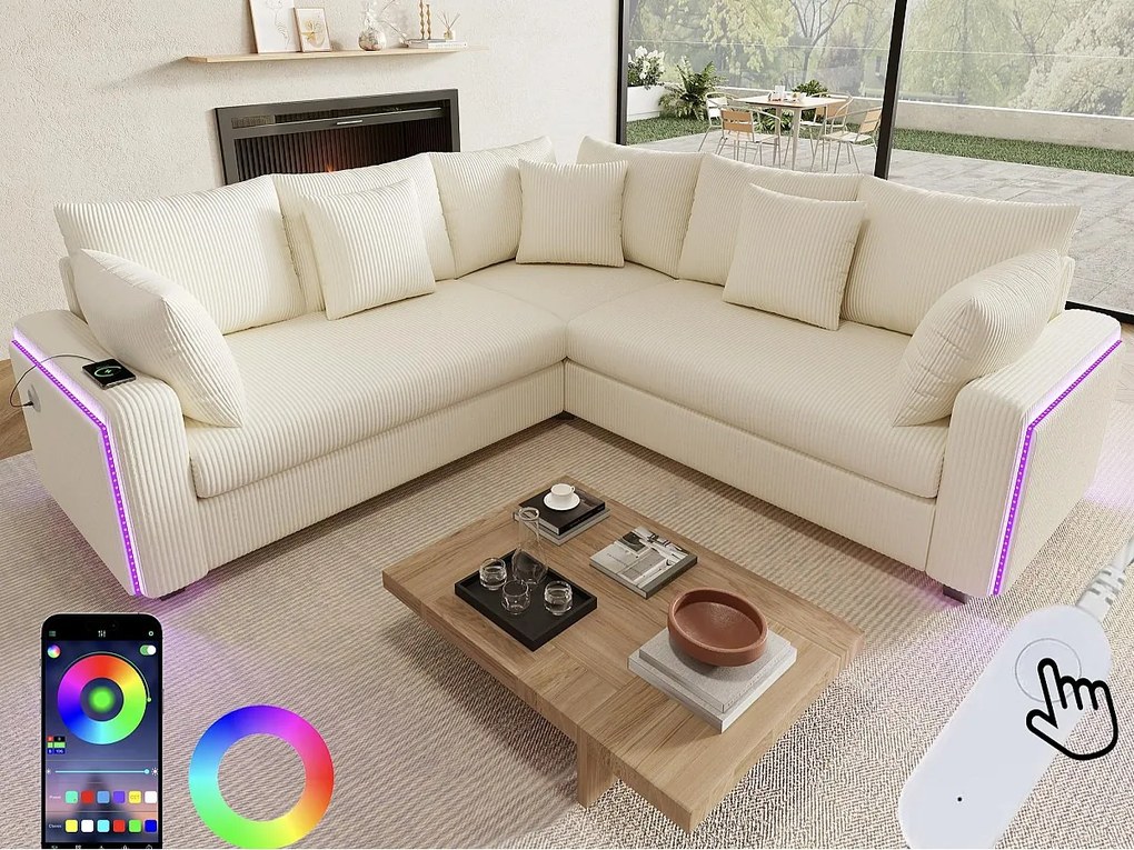 Kanapa narożna w kształcie litery L - 4 osoby - z oświetleniem LED - port ładowania USB - welur prążkowany - beżowy