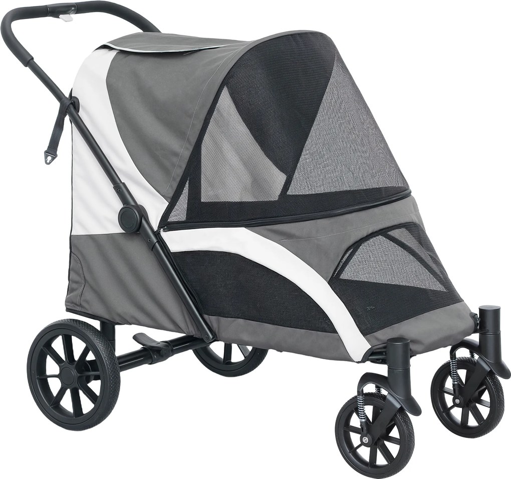 PawHut Wózek dla Psów, Składany Wózek dla Dużych Psów, Wózek dla Zwierząt z 4 Kołami, Liny Bezpieczeństwa, Hamulce, Ciemnoszary