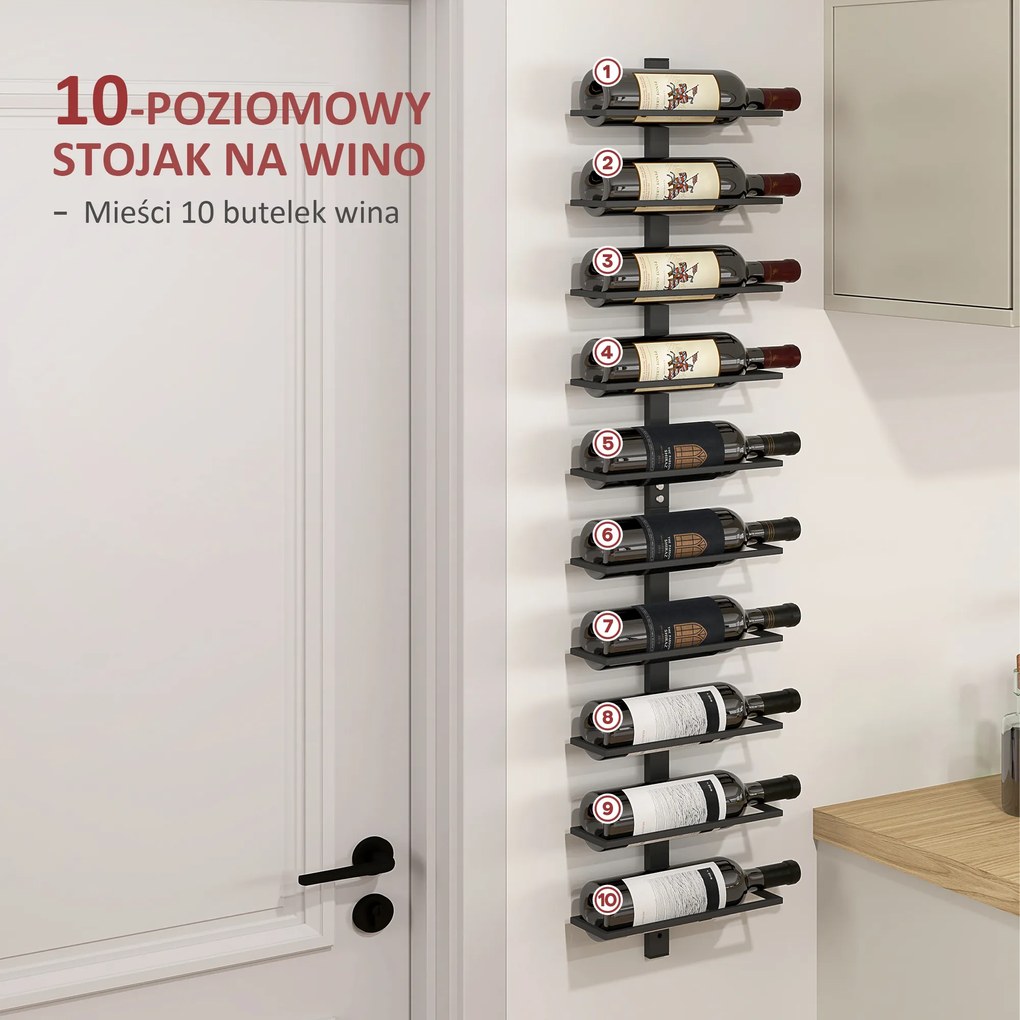 HOMCOM Regał na wino metalowy uchwyt ścienny na 10 butelek do kuchni salonu domowego baru czarny | Aosom PL