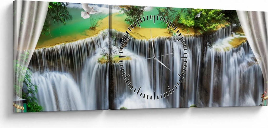 Obraz - Widok magicznych wodospadów (z zegarem) (90x30 cm)