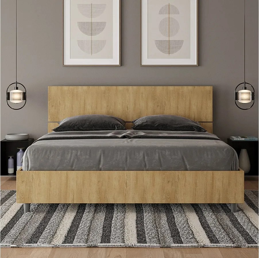 Łóżko wyposażone w stelaż z listwami 160x200 Nachylony zagłówek Dąb naturalny Demas