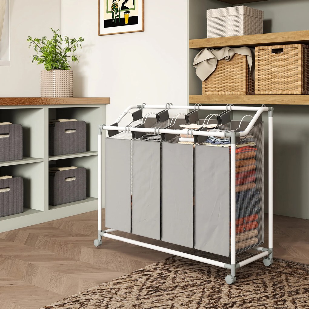 HOMCOM Kosz na pranie z 4 przegródkami 160 L z kółkami, wyjmowany worek na pranie, 97 x 38 x 81 cm, Szary