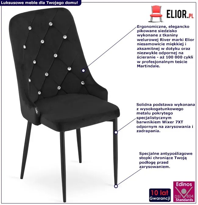 Czarne pikowane krzesło z kryształkami w stylu glamour - Marsella 3X