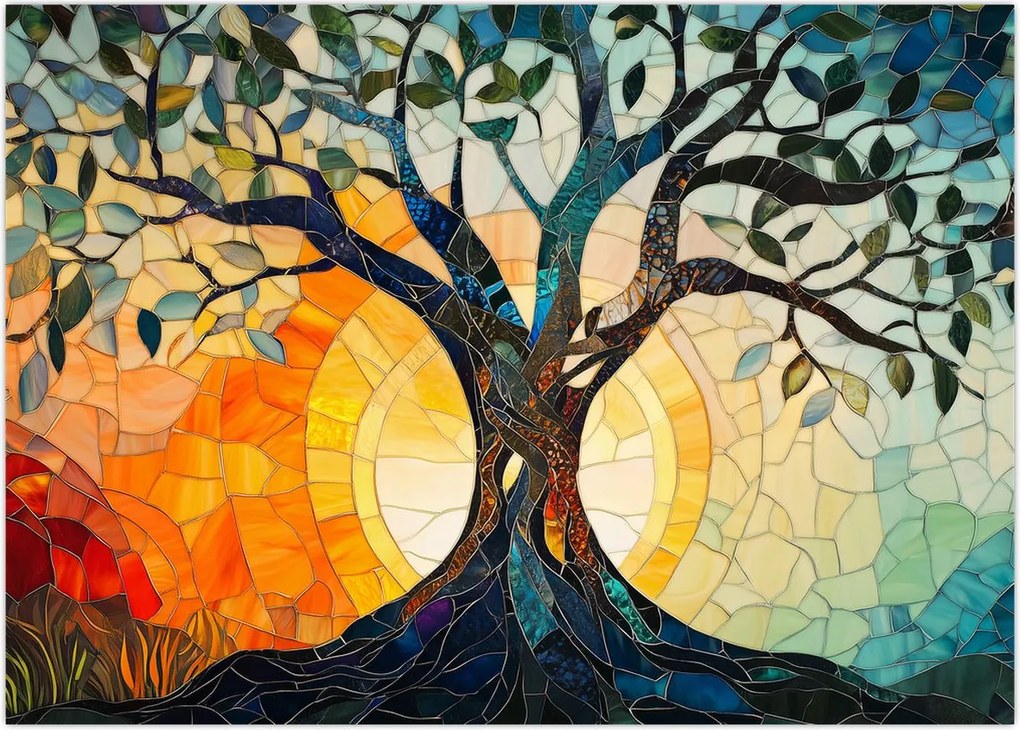 Obraz na szkle – Mozaika – słońce i drzewo I. (70x50 cm)