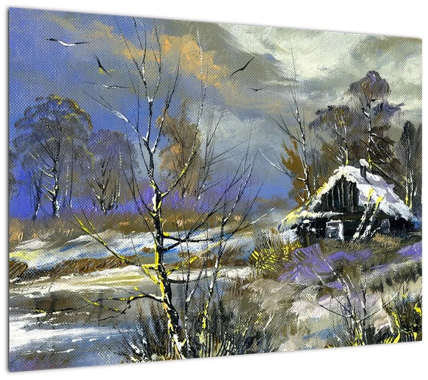Obraz na szkle chaty w zimowym krajobrazie, obraz olejny (70x50 cm)