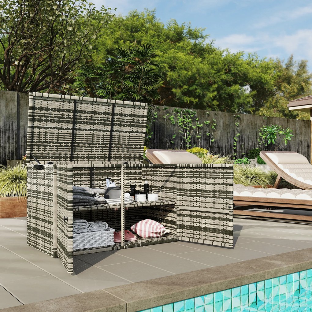 Outsunny Skrzynia Ogrodowa z Rattanu 350L, 2-Poziomy, z Pokrywą, Podnośnikami, Uchwytami, 118 x 57 x 69 cm, Mieszany Szary