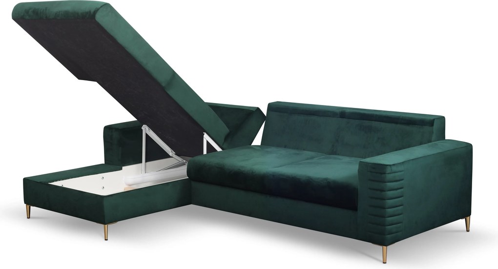 Masseno Narożnik GRIFO z funkcją spania i pojemnikiem na pościel, Rozkładana sofa - Zielony, VELLUTO JUNGLE GREEN 27