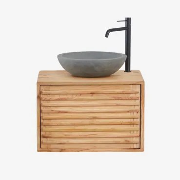 Zestaw Wiszących Mebli Łazienkowych 60x45 Cm Z Drewna Deleyna Naturalna & Okrągły Szary Cement Ø40 Cm Tarsis & Bezlusterkowiec & Czarny Matowy ↑30 Cm