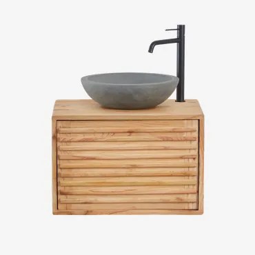 Zestaw Wiszących Mebli Łazienkowych Z Drewna Deleyna Naturalna & Okrągły Szary Cement Ø40 Cm Tarsis & - Sklum