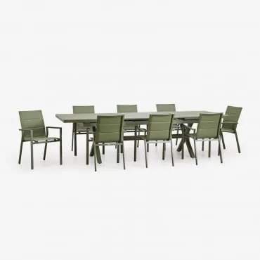 Zestaw Stołu Prostokątnego 240-300x100 Cm Rozkładanego Oraz 8 Sztaplowanych Krzeseł Ogrodowych Z Podłokietnikami Z Aluminium Kar Intensywny Verde Oliv