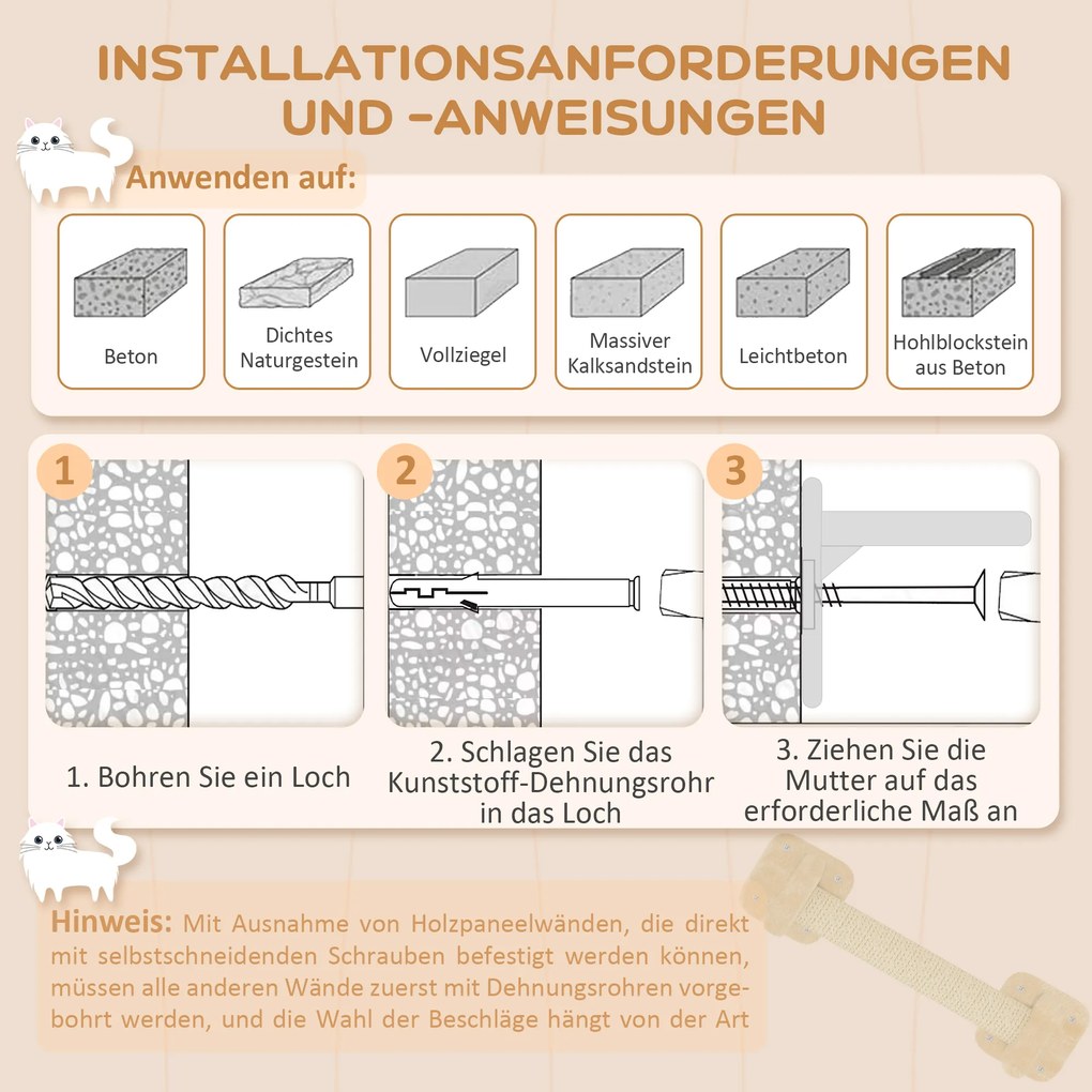 PawHut 5-częściowy zestaw wspinaczkowy dla kota z drapakiem, platformami do skoków, drabinką, domkiem, montowany na ścianie, Beżowy