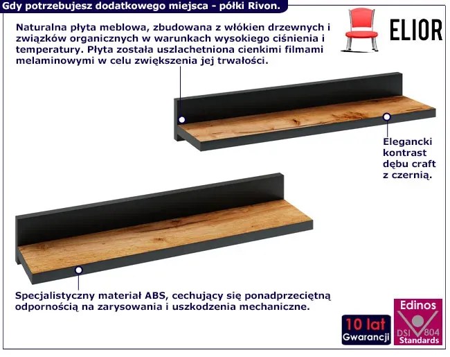 Zestaw Półek Czarny Wiszących + Dąb Craft 2 Szt C7-W57