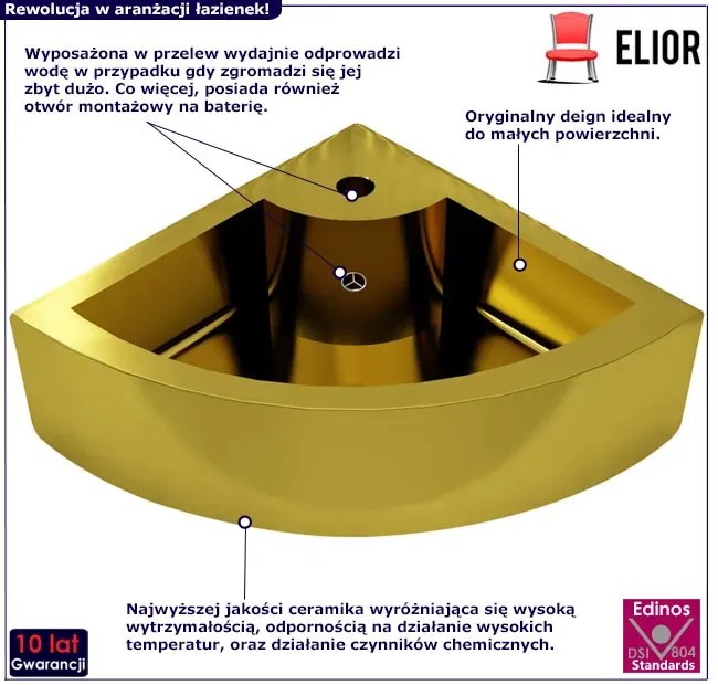 Złota narożna umywalka ceramiczna - Selene