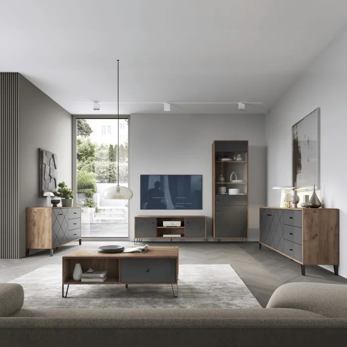 Szafka RTV Dwudrzwiowa BACARDI 183 cm Dąb Craft Tobacco/Grafit Nowoczesna