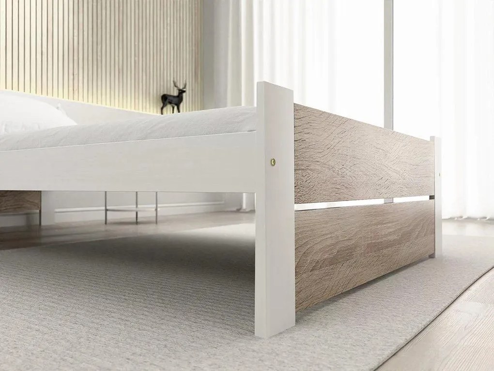Łóżko IKAROS DOUBLE 80 x 200 cm, białe/dąb sonoma Stelaż: Ze stelażem listwowym rolowanym, Materac: Materac Deluxe 10 cm