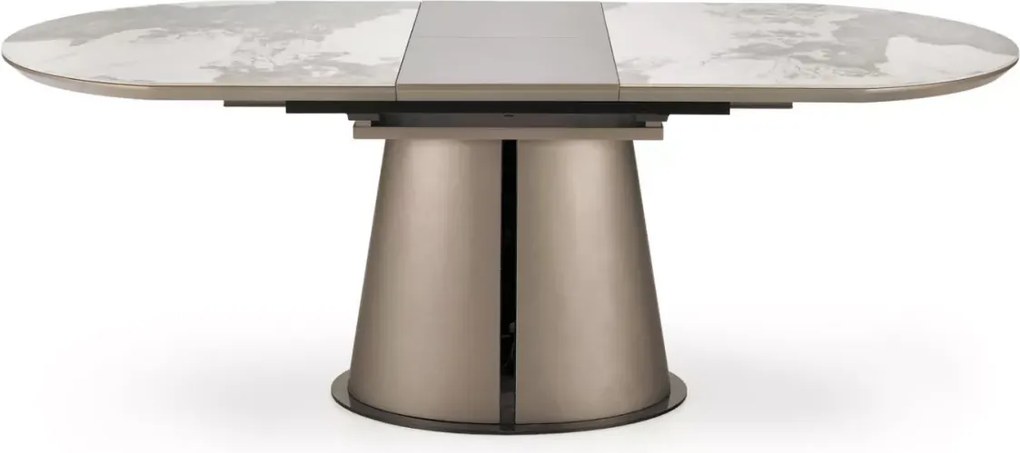 Owalny stół Rogins 160-200x90 cm – rozkładany z blatem z ceramiki beżowy marmur / cappuccino / czarny