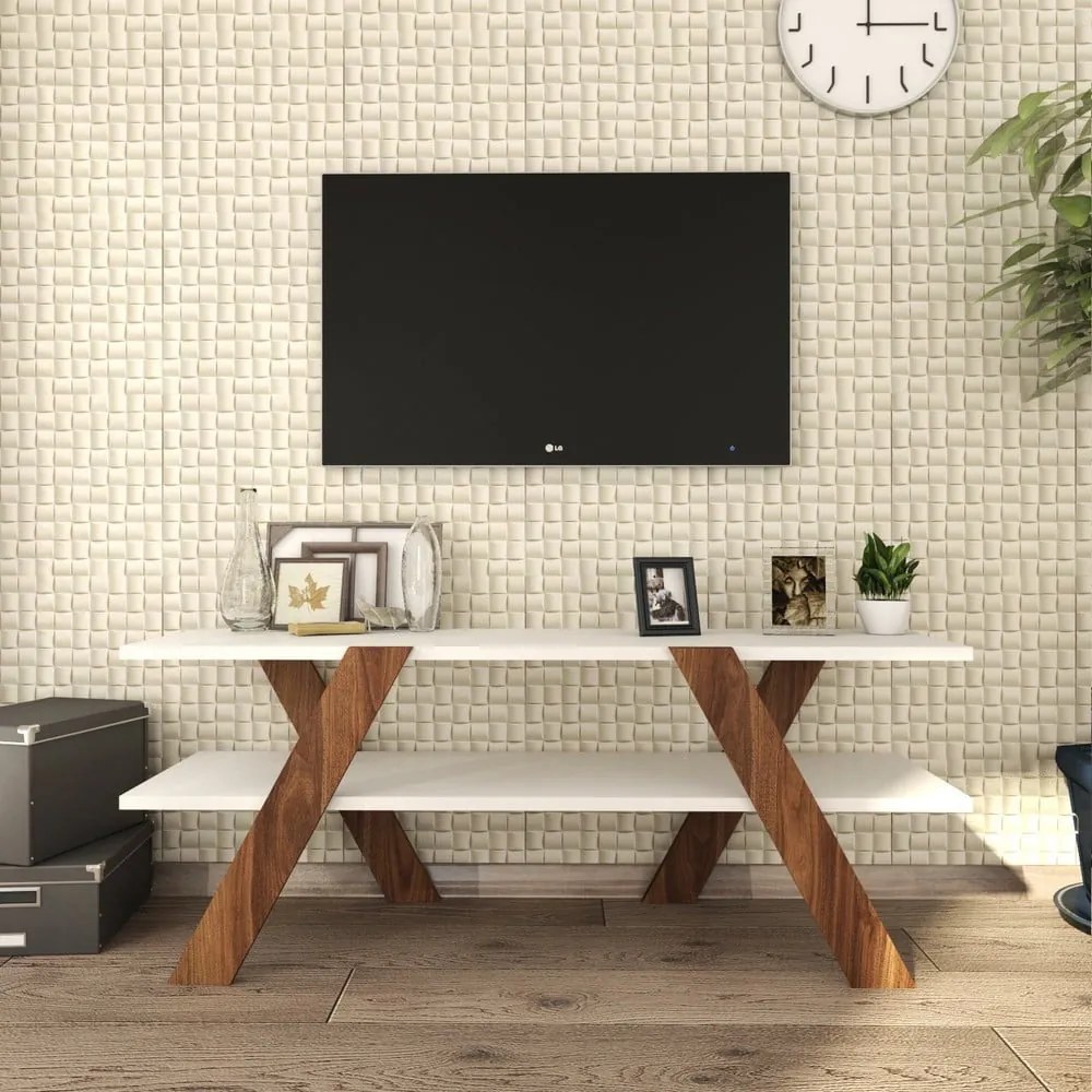 Biała szafka pod TV w dekorze orzecha 120x33 cm Basic – Kalune Design