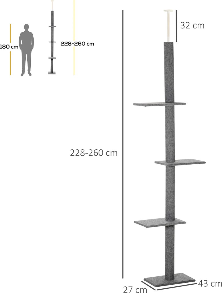 PawHut drapak dla kota, drapak, drzewo do wspinaczki, z regulacją wysokości, drzewo do zabawy, jasnobrązowy