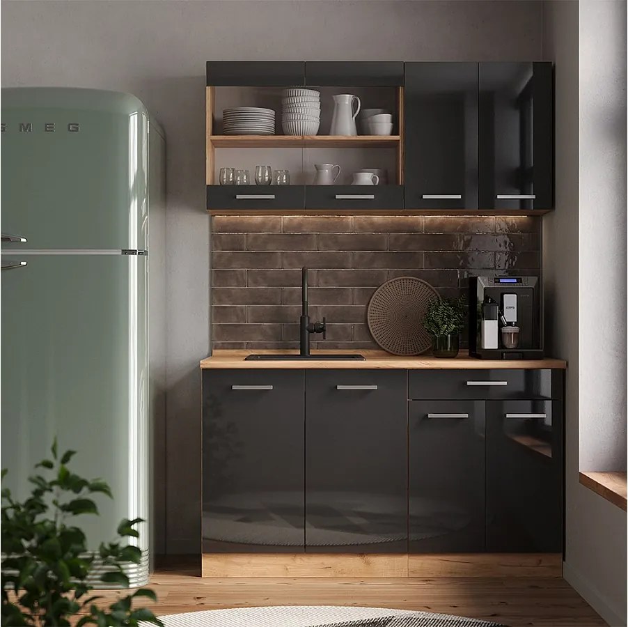 Pojedyncza kuchnia antracytowy wysoki połysk/złoty dąb power 140x60x81.6 r-line