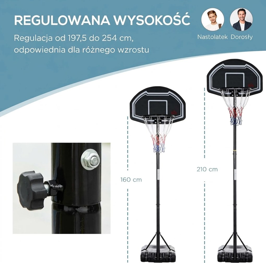 HOMCOM Kosz na Koszykówkę na Zewnątrz, Regulowany Stojak 160-210 cm z Kółkami | Aosom PL