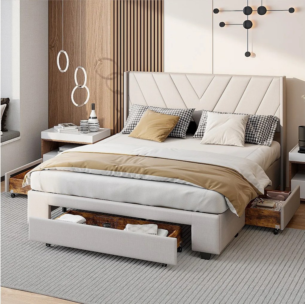Łóżko dla dorosłych 160x200 cm z 3 szufladami do przechowywania z beżowego lnu, metalowa i drewniana konstrukcja, nowoczesny design