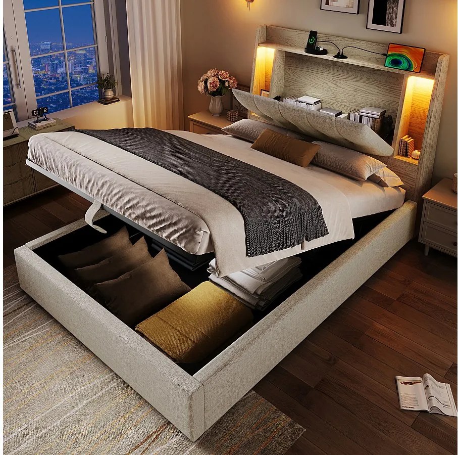 Łóżko tapicerowane z pojemnikiem - 90 x 200 cm - z USB + diodami LED + zagłówek ze schowkiem - len - beż