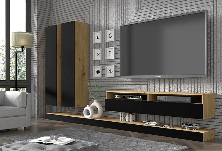 Modułowy regał ścienny dąb artisan + czarny - Herria 4X